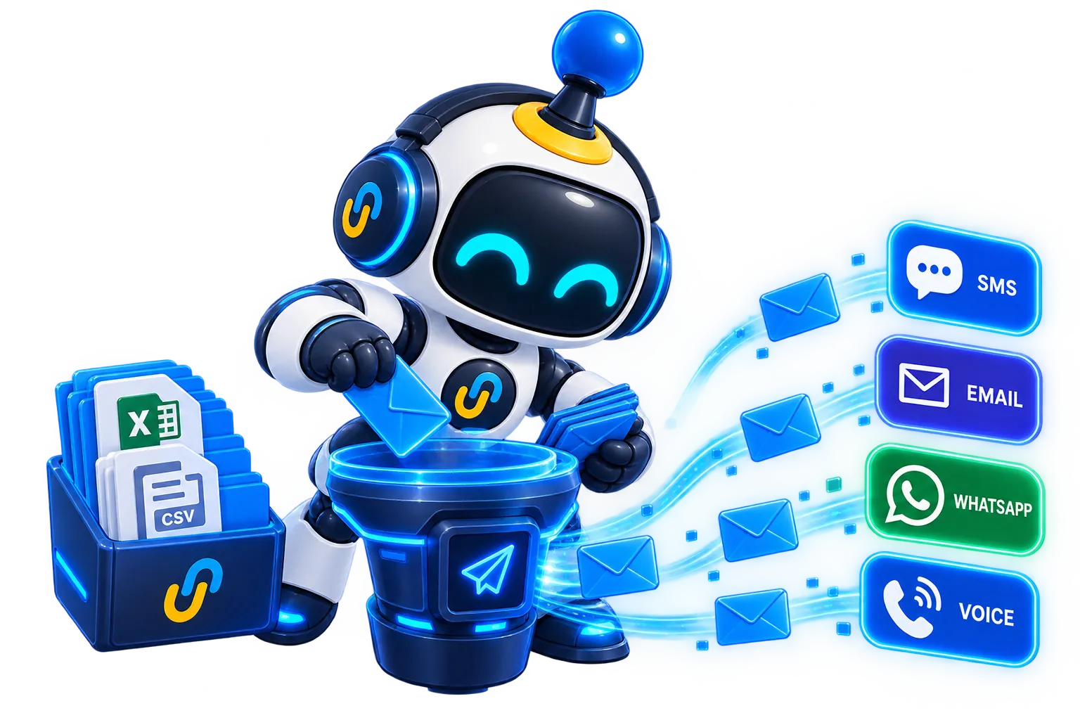 Pro deposita mensajes en un lanzador que los envía hacia los íconos de SMS, Email, WhatsApp y Voz