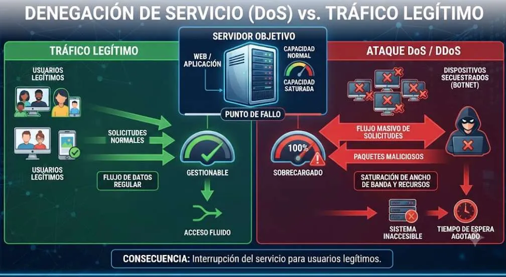 Denegación de servicio (DoS) vs. tráfico legítimo: cómo un ataque DDoS satura un servidor hasta hacerlo inaccesible