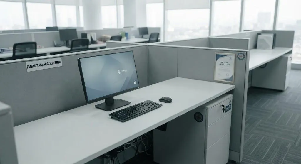 Puesto de trabajo en cumplimiento, con escritorio y pantalla despejados