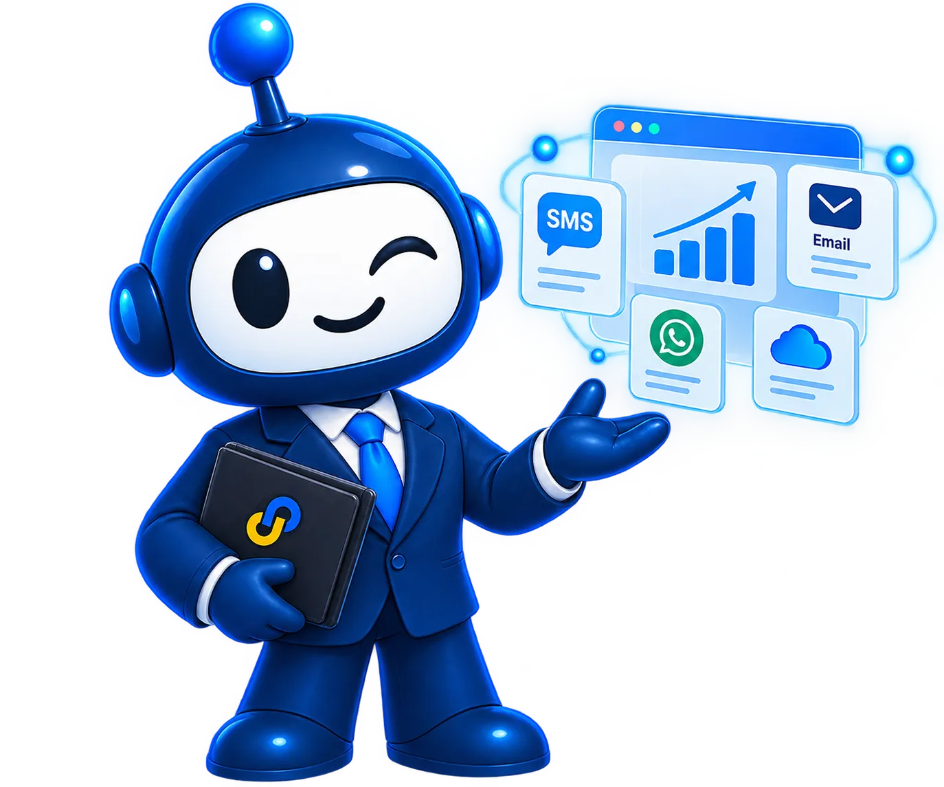 Pro vestido de ejecutivo, con una tablet con el logo de URL Pro, señalando un panel flotante con los canales SMS, Email, WhatsApp y un gráfico de crecimiento