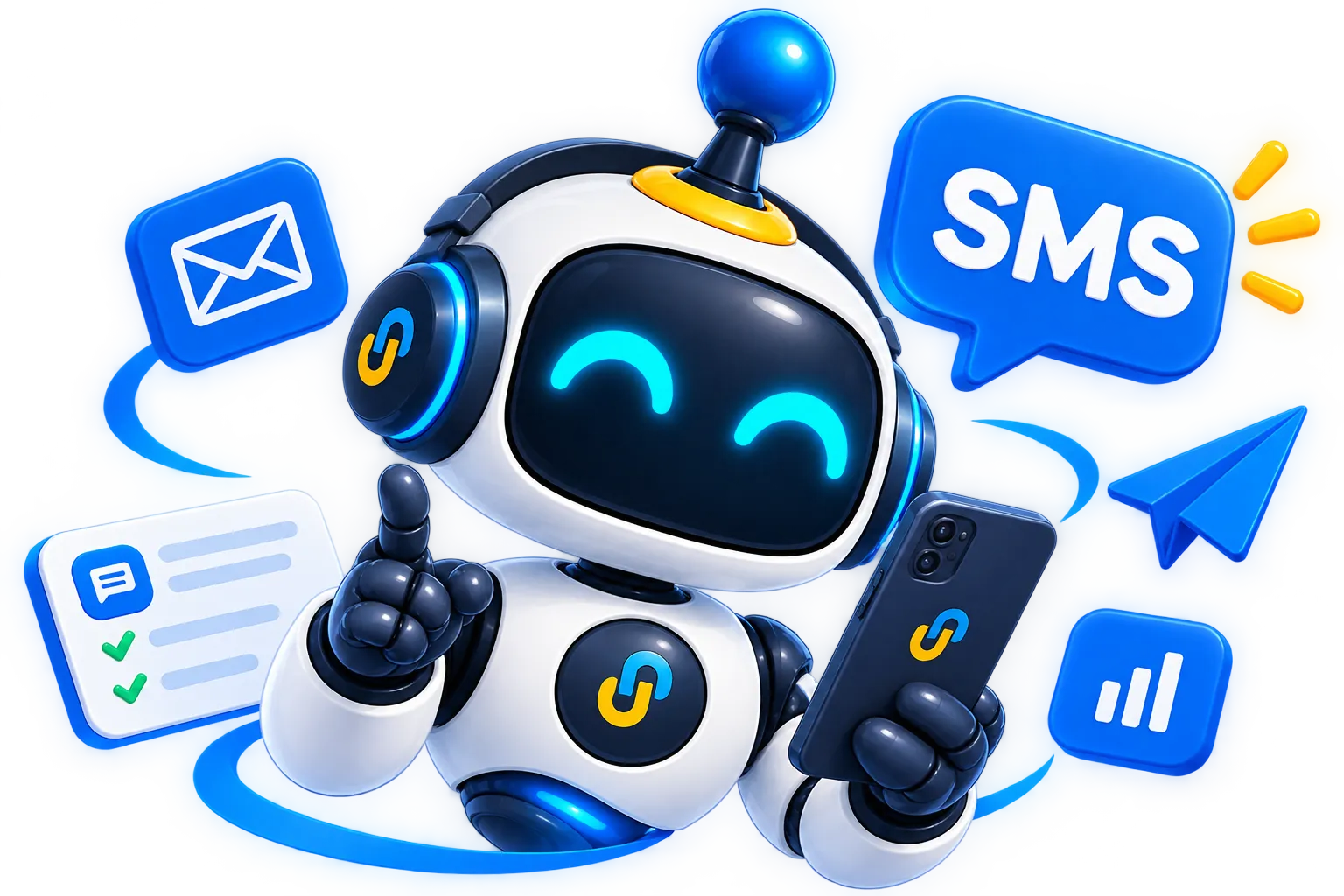 Pro, el agente de URL Pro, sostiene un celular rodeado de íconos de SMS, correo, envío y reportes