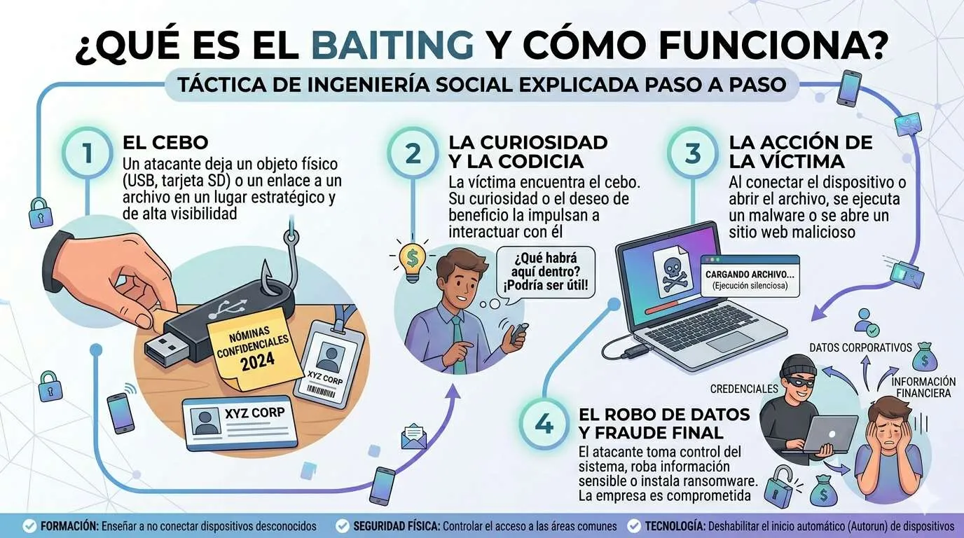 Qué es el baiting y cómo funciona: táctica de ingeniería social explicada paso a paso