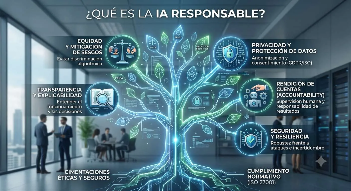 Qué es la IA responsable: equidad, privacidad, transparencia, rendición de cuentas y seguridad, sobre cimentaciones éticas y cumplimiento normativo ISO 27001