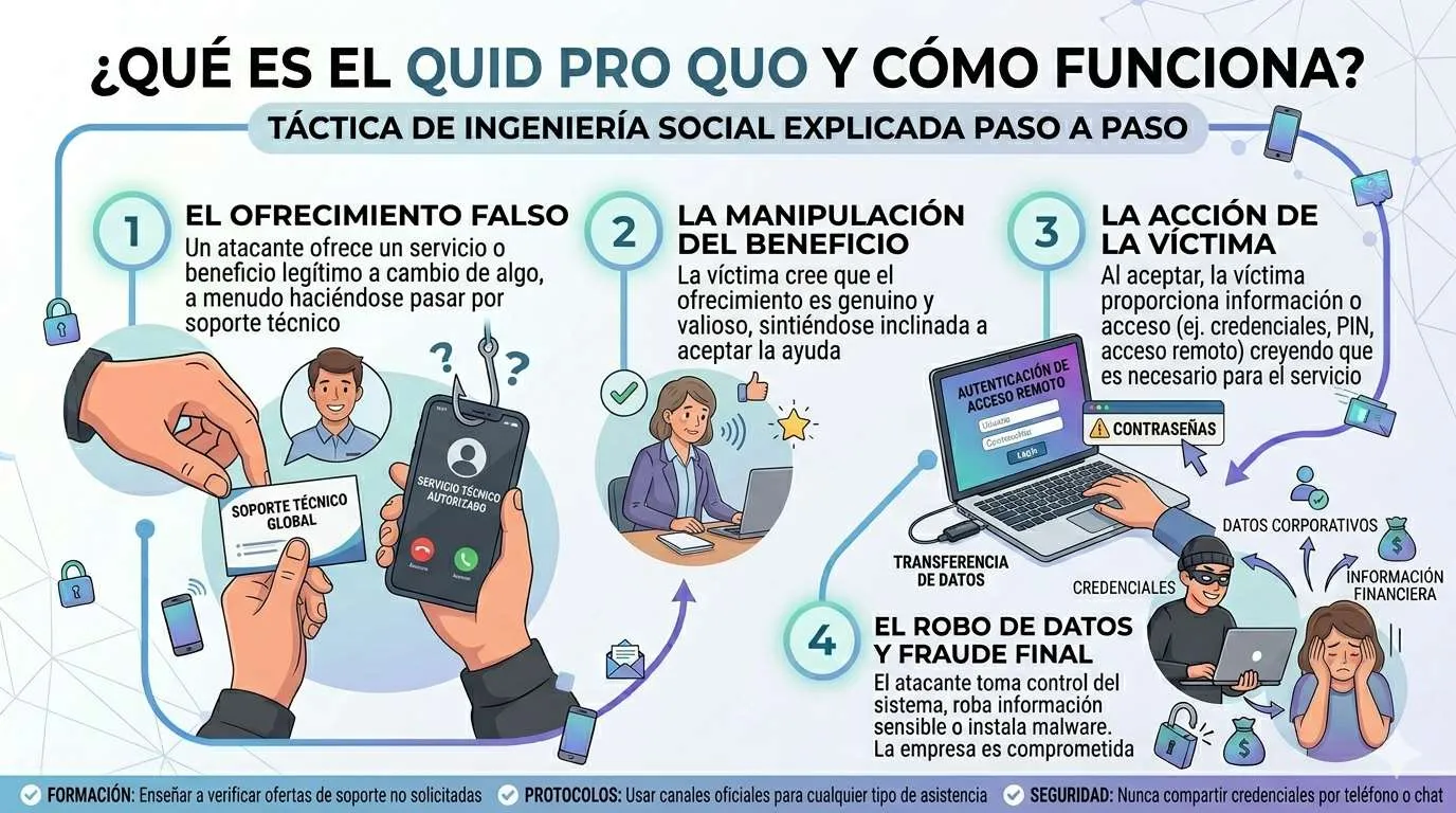 Qué es el quid pro quo y cómo funciona: táctica de ingeniería social explicada paso a paso