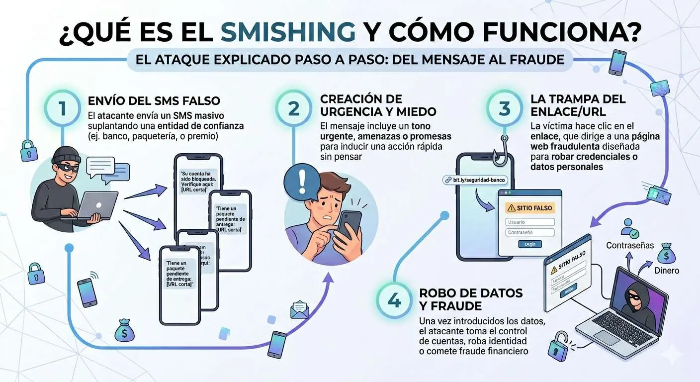 Qué es el smishing y cómo funciona: el ataque explicado paso a paso, del mensaje al fraude