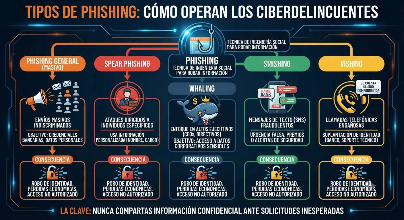 Tipos de phishing: cómo operan los ciberdelincuentes con phishing general, spear phishing, whaling, smishing y vishing